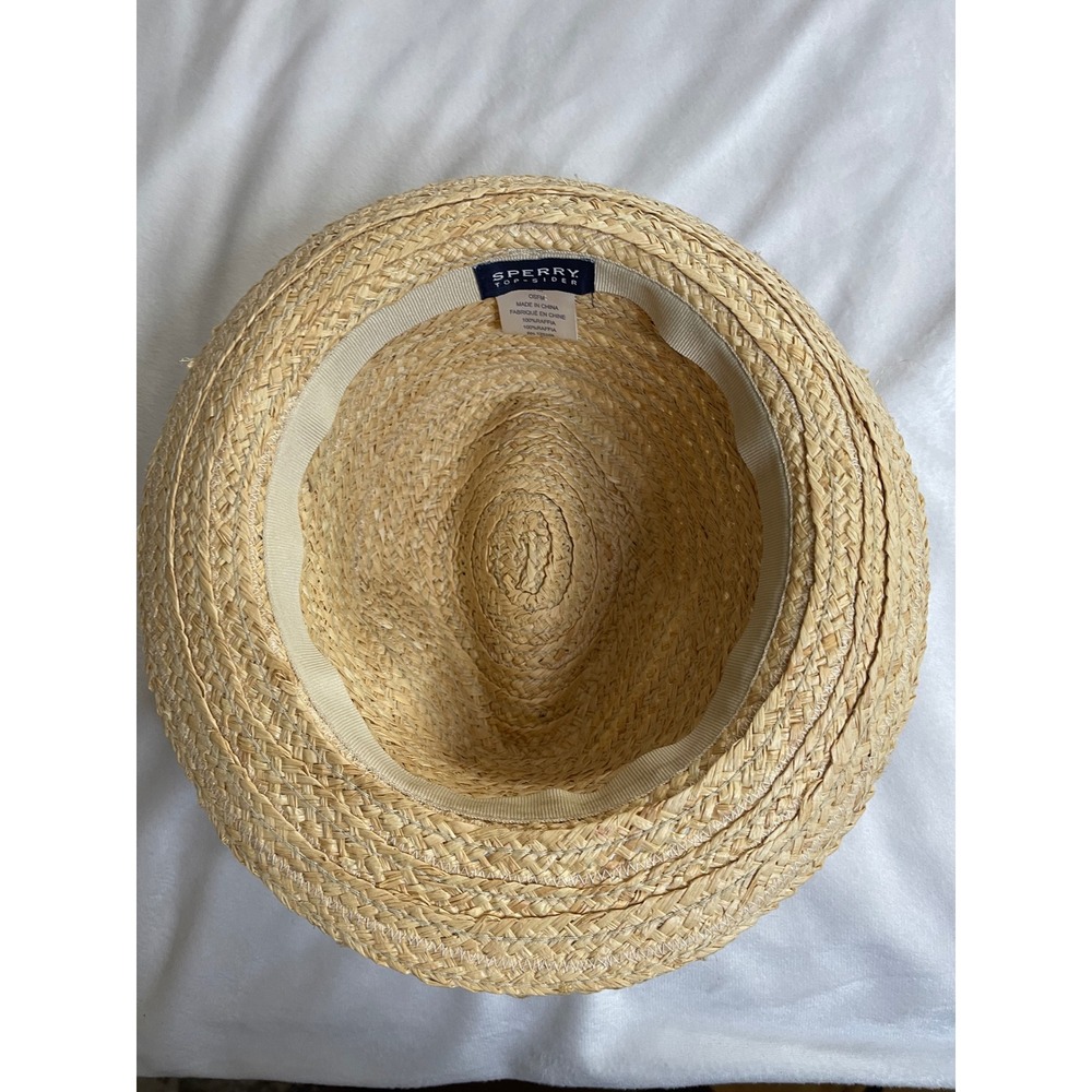 Sperry Top-Sider Womens Straw Fedora Hat Tan Blue Striped Raffia Sun Hat 5H187 - Picture 6 of 11